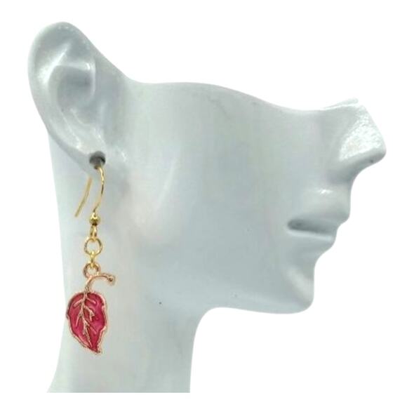 Pink Fall Leaf Earrings Autumn Jewelry Cozy Vibes - Picture 2 of 3